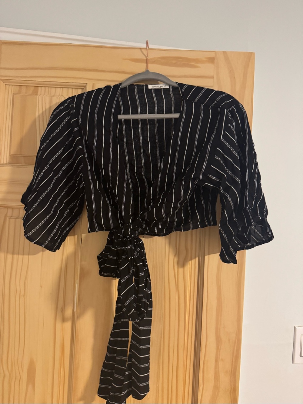 Cotton Candy Black Striped Tie-Front Crop Top